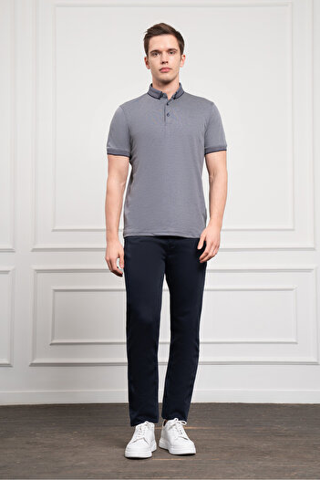 Morven Men's Navy Blue Trend Mercerized Plain Button Collar Dynamic Fit T-Shirt
