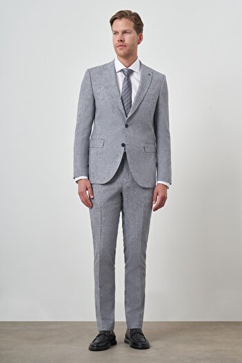 Morven Men's Blue Tend Linen Slim Fit Pointed Collar Suit