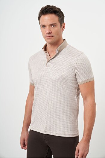 Morven Erkek Bej Trend Merserize Jakar Desen Düğmeli Yaka Dynamic Fit T-Shirt