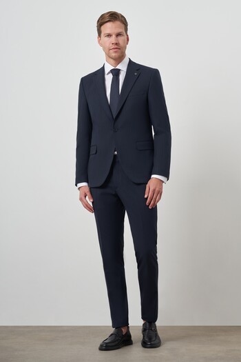 Morven Men's Navy Blue Polyviscon Striped Slim Fit Mono Collar Suit