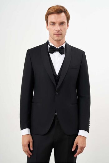 Morven Santorini Ceramonia Men's Polyviscon Slim Fit Shawl Collar Groom Suit Black