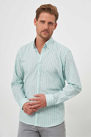 Morven Men's Water Green Cotton Striped-Paneled Italian Collar Regular Fit Shirt