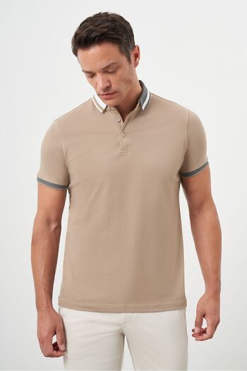 Morven Men's Beige Trend Compact Pike Plain Pattern Button-Down Collar Dynamic Fit T-Shirt