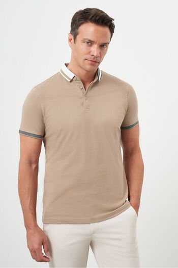 Morven Men's Beige Trend Compact Pike Plain Pattern Button-Down Collar Dynamic Fit T-Shirt