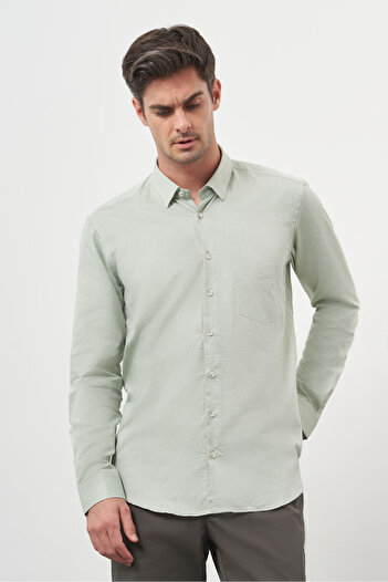 Morven Men's Green Cotton Printed Patterned Pocketed Italian Collar Regular Fit Shirt