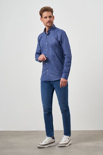 Morven Men's Navy Blue Cotton Printed Patterned Buttoned Collar Slim Fit Shirt
