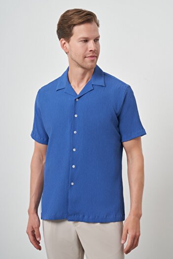 Morven Men's Blue Apaş Collar Short Sleeve Shirt