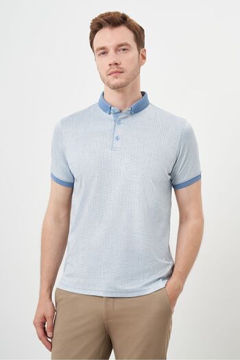 Morven Men's A. Blue Trend Mercerized Jacquard Pattern Button-Down Collar Dynamic Fit T-Shirt
