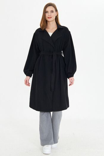 Oyga Women's Black Sleeve Gathered Belted Unlined Cashmere Coat