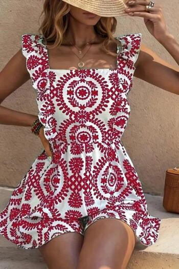 Mossta Square Collar Tie Detailed Patterned Linen Jumpsuit - Claret Red