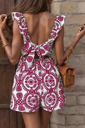 Mossta Square Collar Tie Detailed Patterned Linen Jumpsuit - Claret Red