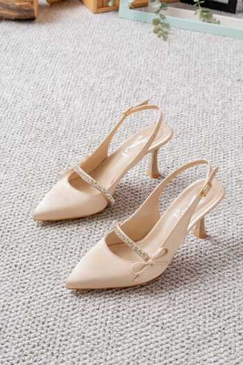 v.s.h velvet Women's Evening Dress Satin Stone Detailed Pointed Toe Open Back 7cm Thin Heeled Shoes