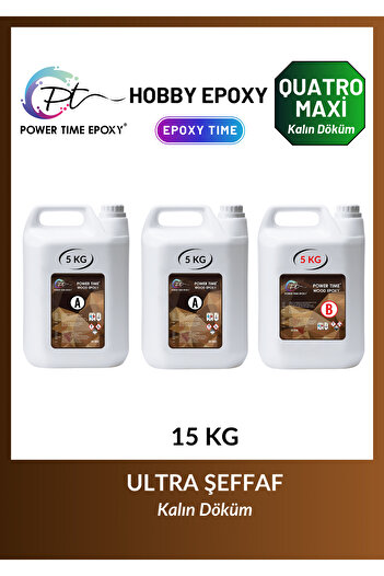 POWER TIME EPOXY 15 Kg Wood Epoxy Quatro Maxi/ Kalın Döküm Ultra Şeffaf Epoksi Reçine Sehpa, Masa Için (YENİ)