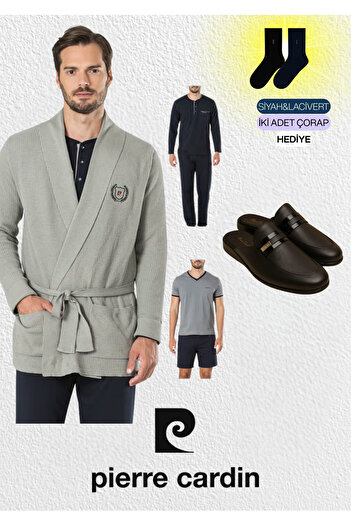 Pierre Cardin 5 Piece Knitwear Robdöşambr & Long Sleeve - Short Sleeve Combed Cotton Pajama Set & Leather Slippers