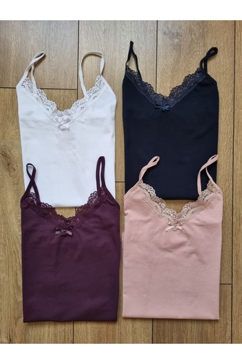 Demirsa Boutique Lace Cotton Rope Strap Women's Tank Top 4 Pack Navy Blue, White, Powder, Purple