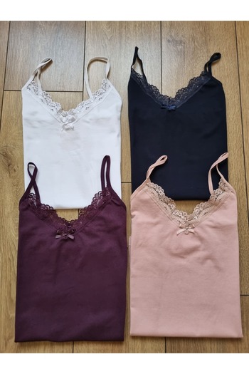 Demirsa Boutique Lace Cotton Rope Strap Women's Tank Top 4 Pack Navy Blue, White, Powder, Purple