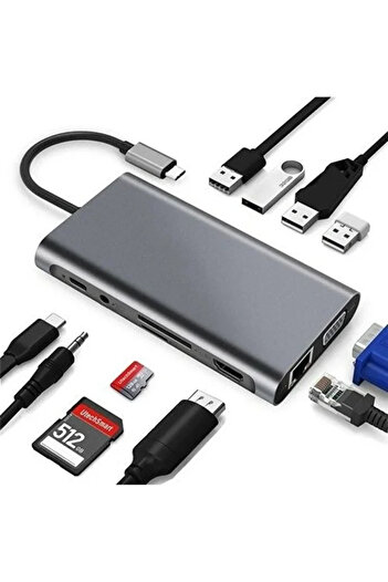 Daytona Fc09 Type-c To Hdmı Rj45 Type-c Sd Kart Usb 3.0 X 2 Vga Macbook Uyumlu 8 In 1 Çevirici Adaptör