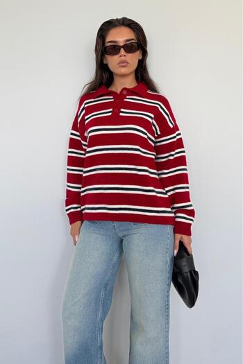 Madmext Red Polo Neck Striped Women's Knitwear Sweater Mg2469