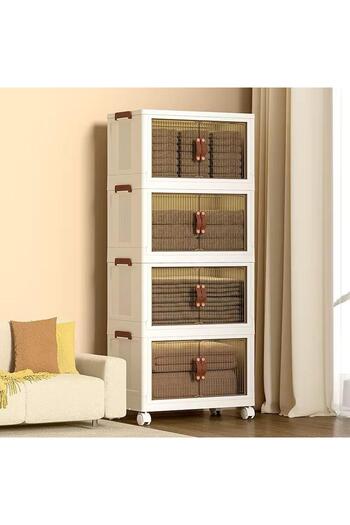 MOSTAFA 5-tier white wardrobe with wheels, modern and foldable, stackable wardrobe, black silicone wardrobe handle