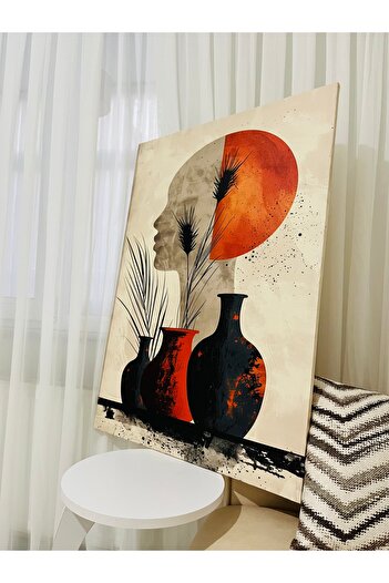 Duru Modern Sanat Siluet Vazo Desenli Kanvas Duvar Tablosu - Turuncu & Lacivert