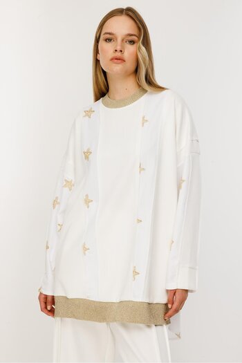 Ghisa Star Embroidered Detailed Rune Pants Set 4918 Ecru
