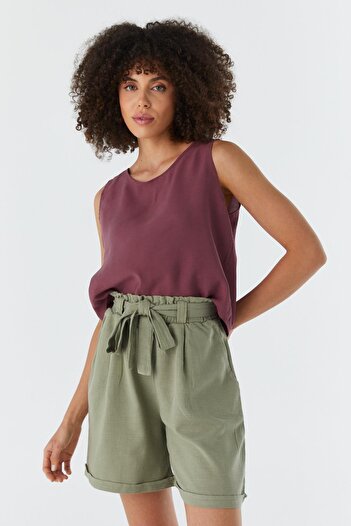 Shopping Shop Elastic Waist Belted Linen Shorts Khaki
