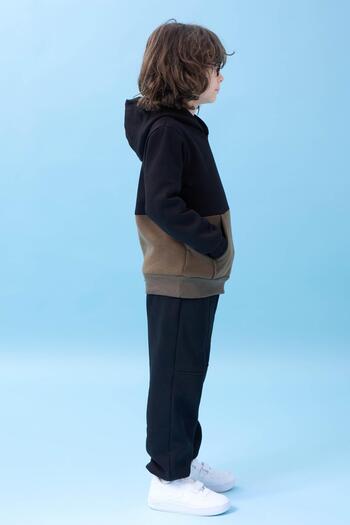 Perendi Unisex Hooded Color Block Ribbed Winter Sweatshirt with Kangaroo Pocket - Black/Khaki