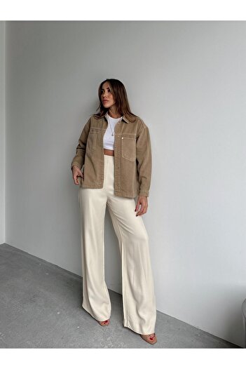Maldia Shop Women's Gabardine Fabric Pocket Detailed Cream Shirt