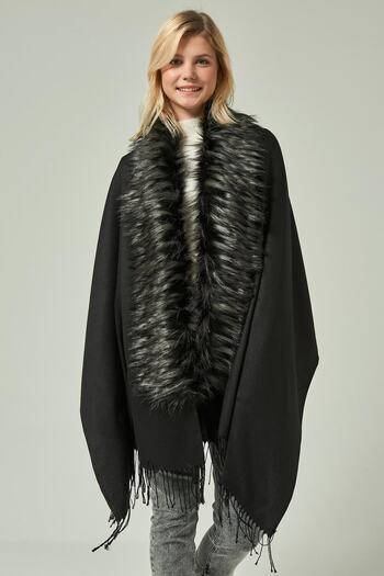 Axesoire 12110 Black-Grey Furry Tasseled Black Poncho