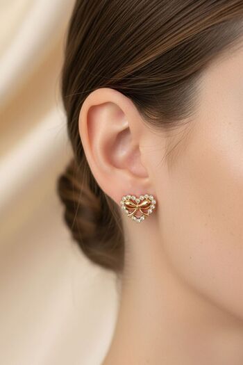 COSİTA Minimal Modern Heart Bow Figured Rose Zircon Stone Earrings