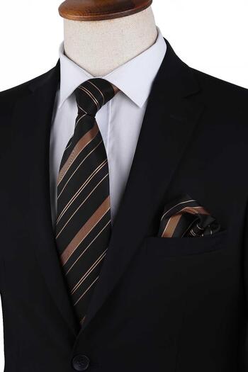 Kravatkolik Black - Yellow Line Pattern Classic Tie with Handkerchief Kk13209
