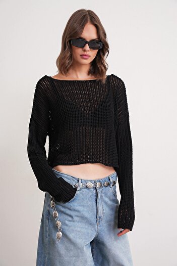 Mixray 6864 Women's Openwork Mesh Seasonal Sweater Black