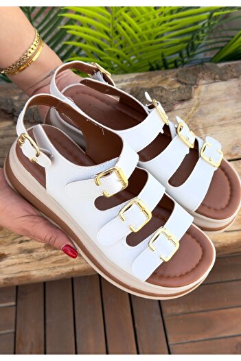 pabucmarketi White Faux Leather Women's Flat Sandals