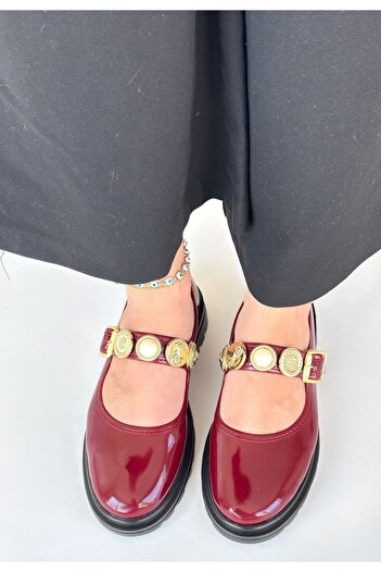 pabucmarketi Claret Red Patent Leather Women's Casual Shoes