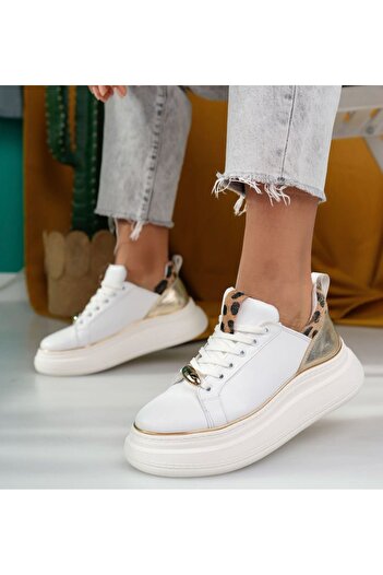 pabucmarketi Beyaz Suni Deri Bağcıklı Kadın Sneaker Ayakkabı