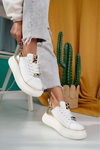 pabucmarketi Beyaz Suni Deri Bağcıklı Kadın Sneaker Ayakkabı