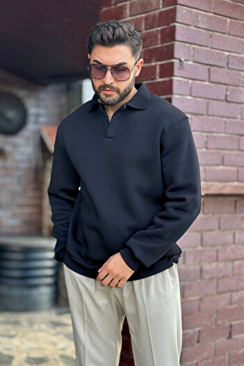 GUARAZ Men's Black Polo Neck Cotton Soft Thick Fabric Oversize Sweatshirt