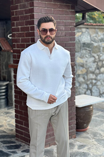 GUARAZ Men's White Polo Neck Cotton Soft Thick Fabric Oversize Sweatshirt