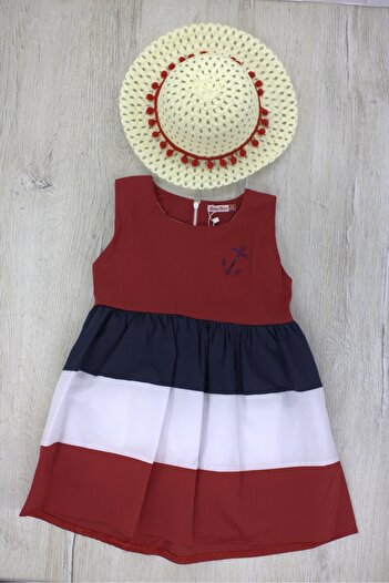 EYMİRGİYİM Summer Stone Girl's Baby Dress with Straw Hat, 2 Years Old, 3 Years Old, 4 Years Old, 5 Years Old