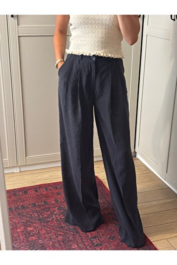 Store Yüksek Bel Wide Leg/Geniş Paça Modal Kumaş Dökümlü Siyah Pantolon