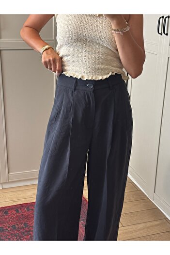 Store Yüksek Bel Wide Leg/Geniş Paça Modal Kumaş Dökümlü Siyah Pantolon