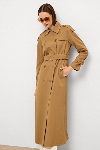 Olcay Water Repellent Long Trench Coat with Grosgrain Detail Kamel 6778