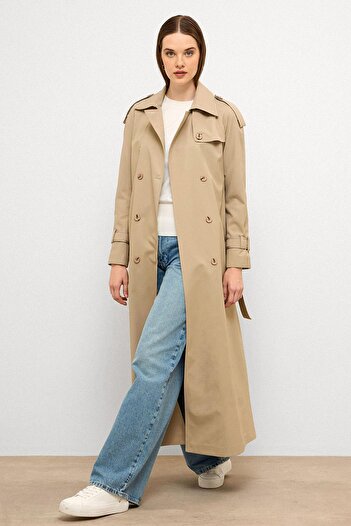 Olcay Water Repellent Long Trench Coat with Grosgrain Detail Beige 6778
