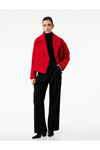 Koton Long Sleeve Double Breasted Crop Cashmere Jacket with Button Pockets