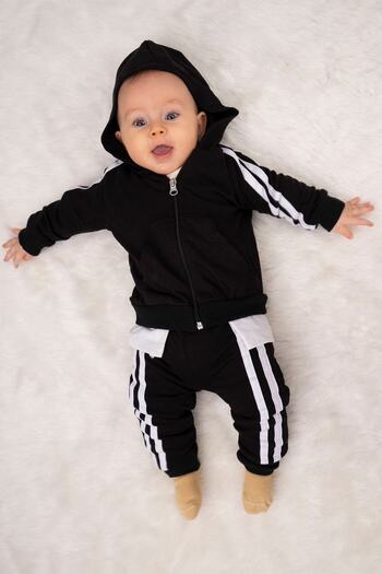 Mai Perla Yandan Çizgili Kanguru Cepli Fermuarlı Sports Wear 2 Li Bebek Takım