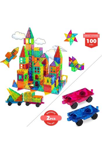 COOYA 100PCS Magnet Tiles Building Blocks with 2 Cars Translucent Tiles, Pipelines, Gift for 3+ Kids