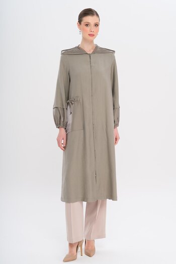 Olcay Mesh Hooded Garni Detailed Unlined Modal Cap Gray 6748