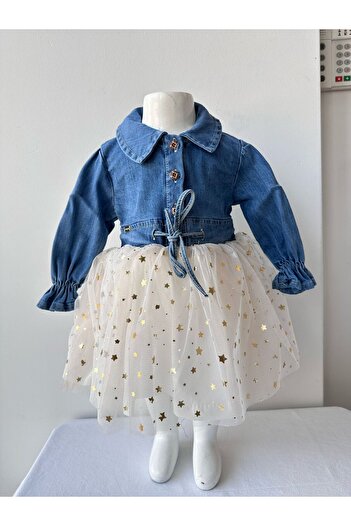 Mylamia Babydola Denim Shirt Tulle Detailed Star Patterned Tutu Baby Dress
