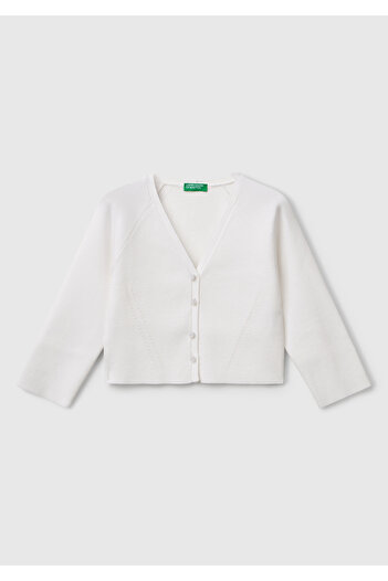 United Colors of Benetton Girl's White Viscose Blended Ribbed Motif V-Neck Cardigan