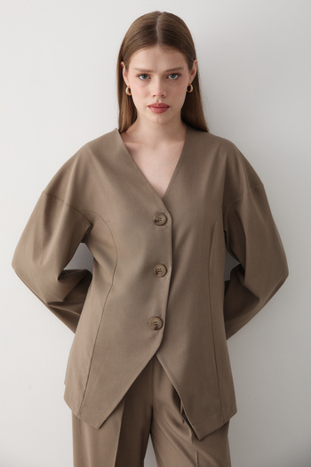 JASTE Women's Khaki V Neck Button down Jacket & Elastic Waist Pants Bottom & Top Set